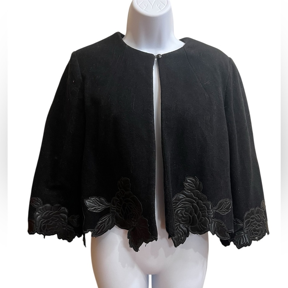 Newport News Black Capelet jacket with Floral Embroidery size 6